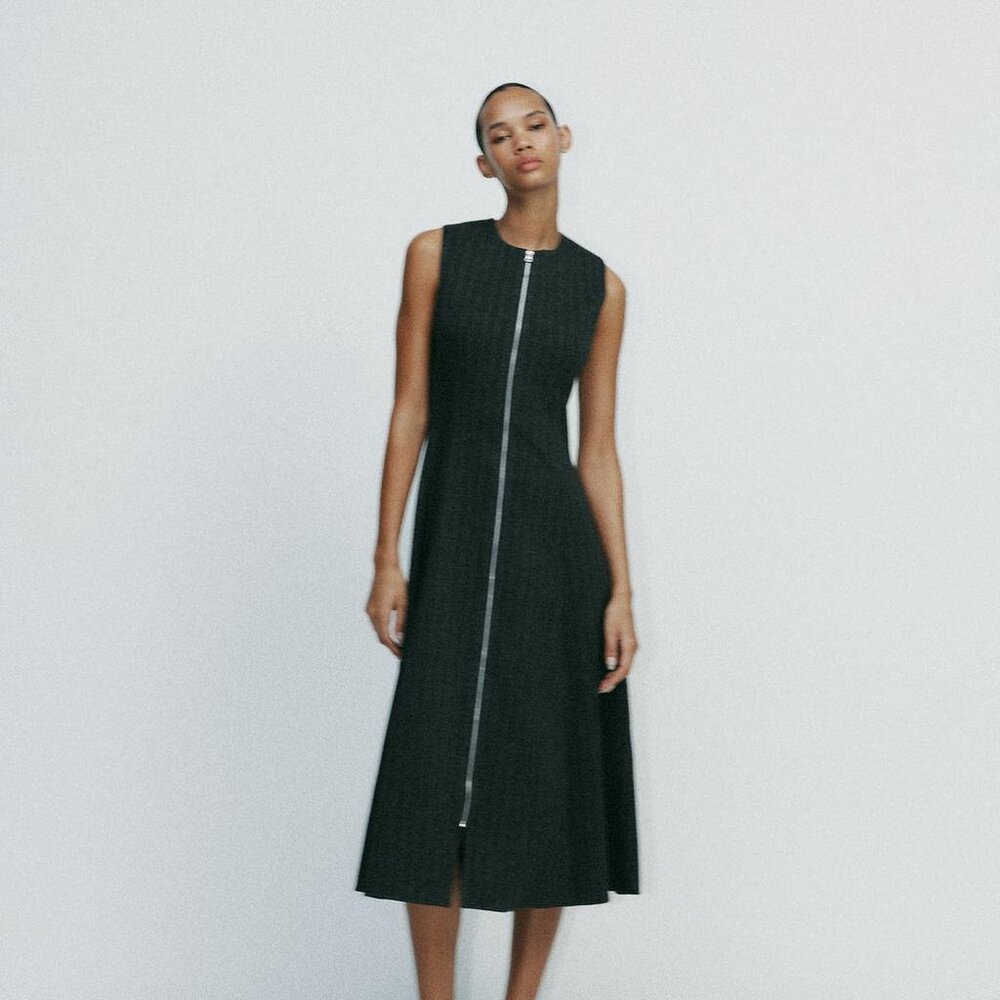 Zara Pinstripe Midi Dress Gray Beige Size Small Cotton Summer Office Minimal NWT